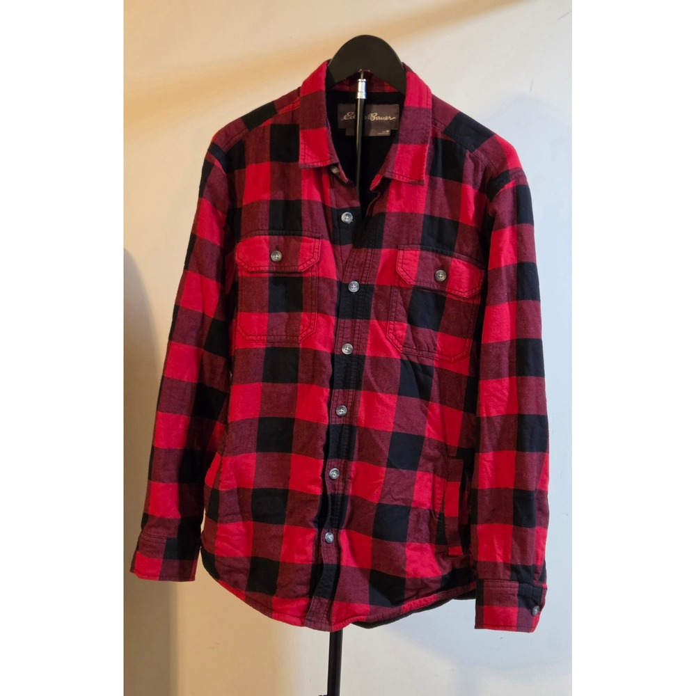 Eddie Bauer Buffalo Plaid Fleece Lined Shirt Jacket Mens Size Medium Red Black
